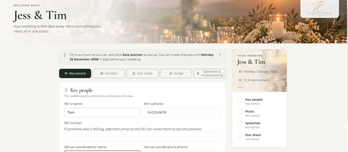 The TC Entertainment planning portal dashboard for a sample couple, showing their wedding countdown, key people form and planning progress